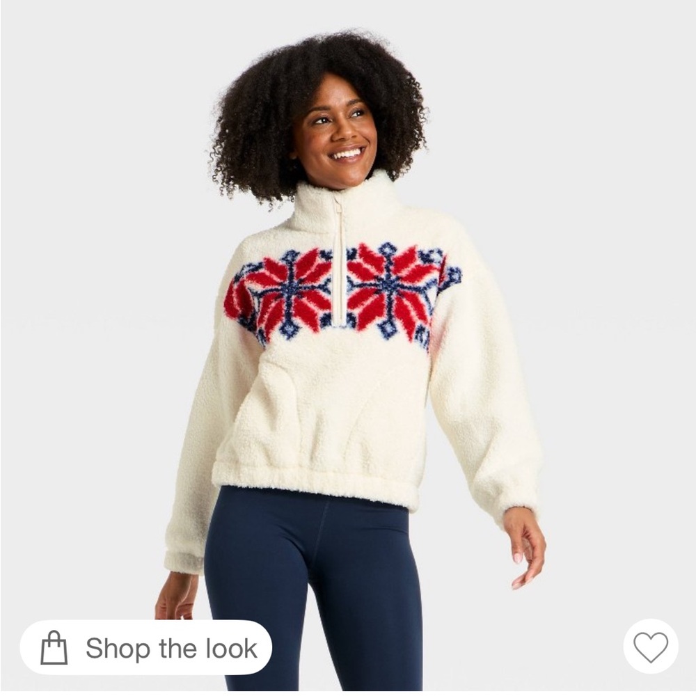Women's High Pile Fleece 1/2 Zip Pullover Jacket - All In Motion Cream/Red M